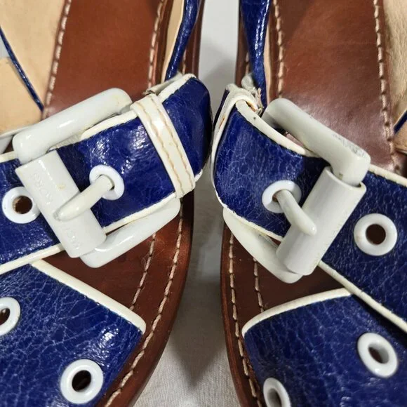 MICHAEL KORS Nautical Blue LEATHER Straps White Trim Slingback Heel Sandals 8.5M - Picture 11 of 16